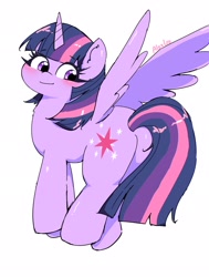 Size: 1547x2048 | Tagged: safe, artist:leo19969525, twilight sparkle, alicorn, pony, g4, blushing, butt, female, looking back, mare, plot, simple background, smiling, solo, spread wings, twibutt, twilight sparkle (alicorn), white background, wings