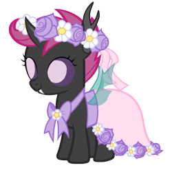 Size: 1280x1281 | Tagged: safe, artist:arkogon, scootaloo, changeling, g4, changelingified, clothes, dress, female, floral head wreath, flower, flower girl, flower girl dress, holeless, scootaling, simple background, smiling, solo, species swap, spread wings, transparent background, vector, wings