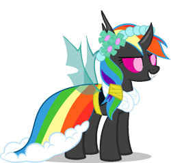 Size: 731x700 | Tagged: safe, artist:arkogon, rainbow dash, changeling, g4, alternate hairstyle, bridesmaid, bridesmaid dash, bridesmaid dress, changelingified, clothes, dress, female, grin, holeless, rainbow dash always dresses in style, simple background, smiling, smirk, solo, species swap, spread wings, transparent background, vector, wings