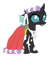 Size: 1200x1399 | Tagged: safe, artist:arkogon, ocellus, changeling, g4, clothes, dress, female, floral head wreath, flower, flower girl, flower girl dress, pre changedling ocellus, simple background, smiling, solo, spread wings, transparent background, vector, wings