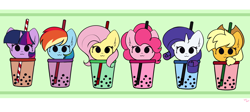 Size: 9400x4200 | Tagged: safe, artist:kittyrosie, applejack, fluttershy, pinkie pie, rainbow dash, rarity, twilight sparkle, earth pony, food pony, pegasus, pony, unicorn, g4, :3, abstract background, absurd resolution, bubble tea, drink, drinking straw, female, food, group, mane six, mare, ponified, sextet, simple background