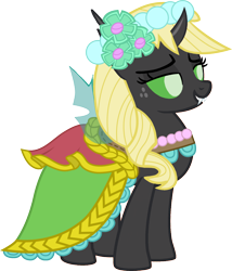 Size: 1580x1846 | Tagged: safe, artist:arkogon, applejack, changeling, g4, alternate hairstyle, applejack also dresses in style, bridesmaid, bridesmaid applejack, bridesmaid dress, changelingified, clothes, dress, female, freckles, grin, holeless, simple background, smiling, solo, species swap, spread wings, transparent background, vector, wings