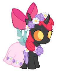 Size: 1280x1653 | Tagged: safe, artist:arkogon, apple bloom, changeling, g4, apple bloom's bow, bloomling, bow, changelingified, clothes, dress, female, floral head wreath, flower, flower girl, flower girl dress, hair bow, holeless, simple background, smiling, solo, species swap, spread wings, transparent background, vector, wings