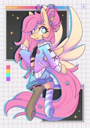 Size: 2480x3508 | Tagged: safe, artist:wavecipher, fluttershy, butterfly, pegasus, pony, g4, adversarial noise, alternate hairstyle, belt, blushing, clothes, color palette, colored eyebrows, colored pinnae, denim, denim shorts, female, fishnet clothing, flying, garter, green eyes, grid, hair accessory, hairpin, jacket, jeans, mare, midriff, mismatched socks, pants, pink mane, pink tail, raised hoof, short shirt, shorts, signature, socks, solo, spread wings, striped socks, tail, tail accessory, tied hair, webcore, wings, yellow coat