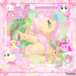 Size: 500x500 | Tagged: safe, artist:blackgryph0n, artist:bnob, artist:exibrony, edit, editor:alwaysnumer27, screencap, fluttershy, pinkie pie, butterfly, earth pony, pegasus, pony, g4, the cutie mark chronicles, animated, blingee, blushing, bow, brushable, butterfly on nose, cup, desktop ponies, female, flower, food, gif, hair bow, headbob, heart, hello kitty, insect on nose, leaf, looking at something, looking up, lying down, mare, my melody, name, outdoors, picmix, pixel art, ramune, ribbon, rose, spread wings, sprite, tea, teacup, teapot, text, toy, wings