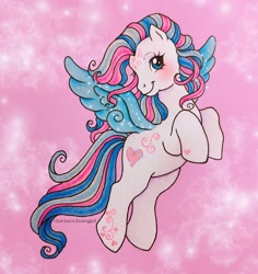 Size: 2036x2160 | Tagged: safe, artist:dariarchangel, star catcher, pegasus, pony, dancing in the clouds, g3, blushing, butterfly island, cloud, colored wings, female, flying, mare, multicolored hair, pink background, simple background, smiling, solo, spread wings, traditional art, wings