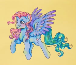 Size: 2560x2183 | Tagged: safe, artist:dariarchangel, aurora mist, pegasus, pony, g3, colored wings, female, flying, gradient wings, mare, multicolored hair, multicolored wings, simple background, smiling, solo, spread wings, traditional art, wavy mane, wings, yellow background