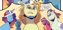 Size: 1334x643 | Tagged: safe, artist:natalie haines, idw, official comic, captain buck, flank the tank, kiki kaboom, misty brightdawn, tina two bits, earth pony, pegasus, pony, unicorn, g5, kenbucky roller derby #1, my little pony: kenbucky roller derby, spoiler:comic, spoiler:g5comic, dialogue, female, group, helmet, male, mare, quintet, rebirth misty, speech bubble, stallion