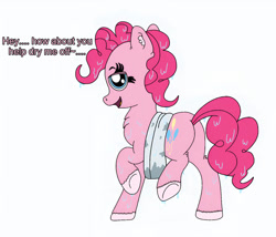 Size: 828x709 | Tagged: safe, artist:thebronypony123, pinkie pie, earth pony, pony, g4, butt, female, mare, pillow, plot, simple background, solo, underhoof, unshorn fetlocks, wet, white background