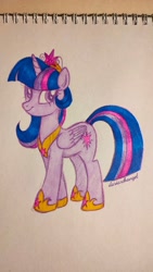 Size: 900x1600 | Tagged: source needed, useless source url, safe, artist:dariarchangel, twilight sparkle, alicorn, pony, g4, crown, element of magic, female, folded wings, horn, jewelry, mare, regalia, simple background, sketchbook, smiling, solo, traditional art, twilight sparkle (alicorn), wings