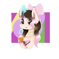 Size: 1400x1400 | Tagged: safe, artist:kathepart, oc, oc only, oc:kinna-ca, unicorn, bracelet, collar, ear piercing, earring, eating, food, fruit, hair bun, herbivore, jewelry, looking at you, makeup, nose piercing, orange, piercing, simple background, solo, transparent background