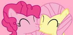 Size: 800x386 | Tagged: safe, artist:jadeharmony, fluttershy, pinkie pie, earth pony, pegasus, g4, ^^, eyes closed, female, kissing, lesbian, pink background, ship:flutterpie, shipping, simple background