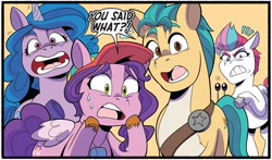 Size: 1272x750 | Tagged: safe, artist:natalie haines, idw, official comic, hitch trailblazer, izzy moonbow, pipp petals, zipp storm, earth pony, pegasnail, pegasus, pony, snail, unicorn, g5, kenbucky roller derby #2, my little pony: kenbucky roller derby, spoiler:comic, spoiler:g5comic, coach pipp petals, dialogue, emanata, faic, female, gasp, gasping, gritted teeth, group, hat, male, mare, open mouth, pipp's whistle, quartet, reaction image, royal sisters (g5), siblings, simple background, sisters, speech bubble, stallion, sweat, teeth, unshorn fetlocks, whistle, whistle necklace