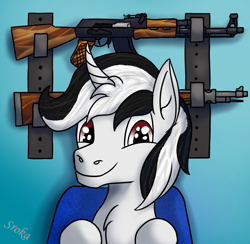 Size: 2587x2523 | Tagged: safe, artist:sroka001, oc, oc only, pony, unicorn, assault rifle, gradient background, gun, rifle, solo, weapon