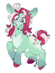 Size: 1339x1750 | Tagged: safe, artist:battiegutz, minty, earth pony, pony, g3, ahoge, alternate color palette, alternate design, alternate eye color, alternate mane color, alternate tail color, blushing, bow, chest fluff, coat markings, colored hooves, colored muzzle, eye clipping through hair, eyebrows, eyebrows visible through hair, female, freckles, gradient ears, mare, purple eyes, redesign, shiny hooves, simple background, smiling, socks (coat markings), tail, tail bow, teeth, tied tail, two toned mane, two toned tail, unshorn fetlocks, white background