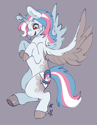 Size: 1348x1750 | Tagged: safe, artist:battiegutz, star catcher, alicorn, pony, g3, alternate cutie mark, alternate design, alternate eye color, blushing, catchercorn, coat markings, colored hooves, colored wings, colored wingtips, eyeshadow, facial markings, female, flying, gradient horn, horn, looking down, makeup, mare, multicolored hair, multicolored tail, open mouth, open smile, pride, pride flag, purple background, race swap, red eyes, redesign, simple background, smiling, solo, spread wings, stars, tail, transgender pride flag, two toned wings, wings