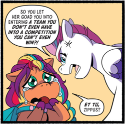 Size: 1102x1090 | Tagged: safe, artist:natalie haines, idw, official comic, sunny starscout, zipp storm, earth pony, pegasus, pony, g5, kenbucky roller derby #2, my little pony: kenbucky roller derby, spoiler:comic, spoiler:g5comic, angry, cross-popping veins, crying, cute, dialogue, duo, duo female, emanata, et tu brute, female, latin, mane stripe sunny, mare, sad, sadorable, sunny sadscout