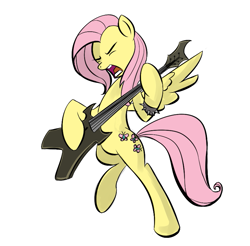 Size: 851x838 | Tagged: safe, artist:rainbowderpy, artist:rubrony, color edit, edit, fluttershy, pegasus, pony, g4, bipedal, brütal, colored, electric guitar, female, guitar, heavy metal, mare, metal, metalshy, music, musical instrument, playing instrument, simple background, solo, white background