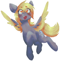 Size: 1584x1605 | Tagged: safe, artist:battiegutz, derpy hooves, pegasus, pony, g4, alternate design, beanbrows, blonde mane, blonde tail, blushing, colored eyebrows, colored wings, colored wingtips, eye clipping through hair, eyebrows, eyebrows visible through hair, fangs, female, flying, freckles, mare, open mouth, open smile, raised hoof, simple background, smiling, spread wings, starry eyes, tail, transparent background, two toned wings, wingding eyes, wings, yellow eyes, yellow mane, yellow tail