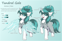 Size: 6000x4000 | Tagged: safe, artist:shad0w-galaxy, oc, oc only, oc:tundral gale, pony, unicorn, absurd resolution, artificial alicorn, artificial wings, augmented, cape, cheek fluff, chest fluff, cloak, clothes, commission, curved horn, ear fluff, female, gradient background, hooves, horn, ice wings, looking at you, magic, magic wings, mare, open mouth, raised hoof, reference sheet, smiling, solo, text, unshorn fetlocks, wings