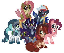 Size: 2048x1707 | Tagged: safe, artist:battiegutz, applejack, fluttershy, pinkie pie, rainbow dash, rarity, spike, twilight sparkle, alicorn, dragon, earth pony, pegasus, pony, unicorn, g4, alternate color palette, alternate design, alternate eye color, alternate mane color, alternate tail color, applejack's hat, arm freckles, bald face, blaze (coat marking), blue eyes, blue mane, blue tail, brown eyes, coat markings, colored belly, colored hooves, colored horn, colored muzzle, colored sclera, colored wings, colored wingtips, coloring book, cowboy hat, curly mane, curly tail, dappled, eyeshadow, facial markings, female, flying, freckles, green eyes, group, hat, hooves to the chest, horn, lidded eyes, looking at you, looking back, makeup, mane six, mare, mealy mouth (coat marking), multicolored hair, multicolored wings, open mouth, open smile, ponytail, purple eyes, rainbow hair, rainbow tail, raised hoof, red eyes, red mane, red tail, redesign, shiny hooves, simple background, sitting, smiling, smiling at you, socks (coat markings), spread wings, standing, star (coat marking), starry wings, tail, tied tail, transparent background, twilight sparkle (alicorn), two toned mane, two toned tail, wall of tags, wavy mane, wavy tail, wings, yellow sclera