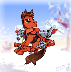 Size: 1454x1462 | Tagged: safe, artist:scarletdex8299, oc, oc only, oc:redgear alloy, earth pony, artificial wings, augmented, bandaid, blurry background, earth pony oc, female, flying, harness, jetpack, male, mechanical wing, propeller, saddlecopter, snow, stallion, straight, straps, technology, wings, winter