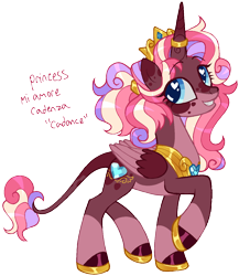 Size: 1170x1345 | Tagged: safe, artist:battiegutz, edit, vector edit, princess cadance, alicorn, pony, g4, alternate color palette, alternate design, alternate eye color, alternate hair color, alternate hairstyle, blue eyes, coat markings, colored belly, colored eartips, colored wings, colored wingtips, crown, curly mane, curly tail, eye clipping through hair, eyebrows, eyebrows visible through hair, eyelashes, facial markings, female, folded wings, gradient horn, heart, heart eyes, hoof shoes, horn, horn jewelry, jewelry, leonine tail, looking back, mare, mealy mouth (coat marking), multicolored mane, multicolored tail, pink mane, pink tail, pink text, ponytail, raised hoof, redesign, regalia, shiny hooves, simple background, smiling, socks (coat markings), solo, splotches, standing, tail, text, tiara, tied hair, transparent background, two toned wings, vector, wingding eyes, wings