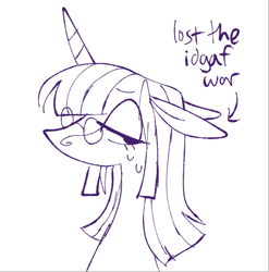 Size: 972x984 | Tagged: safe, artist:battiegutz, twilight sparkle, pony, unicorn, g4, bust, eye clipping through hair, eyebrows, eyebrows visible through hair, eyelashes, female, floppy ears, glasses, horn, lidded eyes, looking back, mare, no mouth, purple text, round glasses, simple background, sketch, solo, straight mane, sweat, sweatdrop, text, unicorn twilight, white background, worried