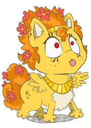 Size: 1500x2100 | Tagged: safe, artist:wispy tuft, oc, oc only, oc:wispy tuft, sphinx, :p, chest fluff, eye liner, flower, flower in hair, freckles, jewelry, looking at you, scrungly, silly, simple background, solo, sphinx oc, spots, spread wings, staring into your soul, tongue out, transparent background, wings