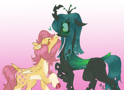 Size: 2048x1500 | Tagged: safe, artist:battiegutz, fluttershy, queen chrysalis, changeling, changeling queen, pegasus, pony, g4, alternate design, blaze (coat marking), blue sclera, blushing, boop, carapace, chrysashy, coat markings, colored belly, colored hooves, colored pinnae, colored sclera, colored wings, concave belly, countershading, curved horn, dock, duo, duo female, eyelashes, eyeshadow, facial markings, female, floppy ears, gradient background, green blush, green eyes, heart, height difference, horn, lesbian, lidded eyes, makeup, mare, no mouth, noseboop, physique difference, raised hoof, shiny mane, shiny tail, shipping, slender, socks (coat markings), standing, straight mane, straight tail, tail, teal mane, teal tail, thin, two toned wings, wings