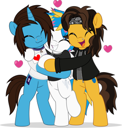 Size: 4776x5000 | Tagged: safe, artist:jhayarr23, earth pony, pegasus, pony, unicorn, awsten knight, bipedal, bipedal leaning, clothes, commission, dyed mane, dyed tail, gay, geoff wigington, happy, headband, heart, hoodie, horn, hug, jewelry, leaning, letter, love letter, male, necklace, nose piercing, open mouth, otto wood, partially open wings, piercing, ponified, shipping, shirt, simple background, stallion, t-shirt, tail, transparent background, trio, trio male, waterparks, wings, ych result
