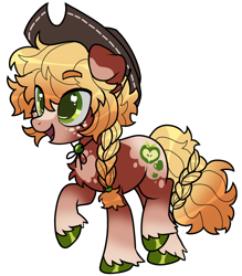 Size: 1428x1631 | Tagged: safe, artist:battiegutz, part of a set, applejack, earth pony, pony, g4, alternate color palette, alternate design, alternate hair color, alternate hairstyle, alternate tailstyle, applejack's hat, blaze (coat marking), blonde mane, blonde tail, braid, braided ponytail, chest fluff, coat markings, colored eartips, colored eyebrows, colored hooves, colored sclera, cowboy hat, dappled, eye clipping through hair, eyebrows, eyebrows visible through hair, facial markings, female, floppy ears, freckles, gradient mane, gradient tail, green eyes, hat, mare, mealy mouth (coat marking), open mouth, open smile, ponytail, raised hooves, red coat, redesign, shiny hooves, simple background, smiling, socks (coat markings), solo, standing, tail, two toned mane, two toned tail, white background, wingding eyes, yellow mane, yellow tail