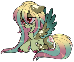 Size: 1779x1500 | Tagged: safe, artist:battiegutz, part of a set, fluttershy, pegasus, pony, g4, alternate color palette, alternate design, alternate eye color, alternate hair color, alternate hairstyle, colored belly, colored hooves, colored wings, colored wingtips, ear fluff, eye clipping through hair, eyebrows, eyebrows visible through hair, eyelashes, facial markings, female, floppy ears, freckles, frown, gradient mane, gradient tail, long mane, long tail, mare, mealy mouth (coat marking), multicolored mane, multicolored tail, multicolored wings, pouting, red eyes, redesign, shiny hair, shiny hooves, shiny mane, simple background, sitting, solo, splotches, spread wings, starry eyes, tail, unshorn fetlocks, white background, wingding eyes, wings