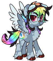 Size: 1313x1516 | Tagged: safe, artist:battiegutz, part of a set, rainbow dash, pegasus, pony, g4, alternate color palette, alternate cutie mark, alternate design, alternate hair color, alternate hairstyle, alternate tailstyle, bandaid, bandaid on nose, blue coat, chest fluff, coat markings, colored eyebrows, colored hooves, colored pupils, colored wings, colored wingtips, cutie mark eyes, dappled, eye clipping through hair, eyebrows, eyebrows visible through hair, facial markings, female, goggles, goggles on head, leg fluff, looking at you, mare, messy mane, messy tail, multicolored hair, multicolored mane, multicolored tail, pink eyes, rainbow hair, rainbow tail, redesign, shiny hooves, shiny mane, shiny tail, simple background, smiling, smiling at you, solo, splotches, spread wings, standing, tail, two toned wings, unshorn fetlocks, white background, wingding eyes, wings