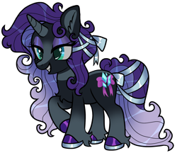 Size: 1654x1431 | Tagged: safe, artist:battiegutz, part of a set, rarity, pony, unicorn, g4, alternate color palette, alternate design, alternate hairstyle, alternate mane color, alternate tailstyle, black coat, blue eyes, bow, chest fluff, coat markings, colored hooves, colored horn, colored pinnae, colored sclera, curly mane, curly tail, cutie mark eyes, dorsal stripe, ear fluff, eyelashes, eyeshadow, facial markings, female, gradient mane, gradient tail, hair bow, hoof shoes, horn, lidded eyes, long mane, long tail, makeup, mare, multicolored mane, multicolored tail, purple mane, purple tail, raised hoof, redesign, ribbon, shiny hooves, simple background, smiling, socks (coat markings), solo, standing, stripe (coat marking), tail, tail accessory, tail bow, thick eyelashes, unshorn fetlocks, white background, wingding eyes