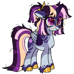 Size: 1499x1516 | Tagged: safe, artist:battiegutz, part of a set, twilight sparkle, alicorn, pony, g4, alternate color palette, alternate design, alternate hair color, alternate hairstyle, alternate tailstyle, blaze (coat marking), chest fluff, coat markings, colored belly, colored eyebrows, colored fetlocks, colored hooves, colored pinnae, colored wings, colored wingtips, cutie mark eyes, ear fluff, eye clipping through hair, eyebrows, eyebrows visible through hair, eyelashes, facial markings, female, folded wings, glasses, gradient horn, hair accessory, horn, long tail, mare, mealy mouth (coat marking), messy mane, messy tail, multicolored mane, multicolored tail, pigtails, purple coat, purple eyes, redesign, round glasses, shiny hoof, simple background, smiling, socks (coat markings), standing, tail, twilight sparkle (alicorn), two toned wings, unshorn fetlocks, white background, wingding eyes, wings
