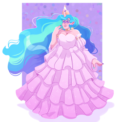 Size: 2048x2044 | Tagged: safe, artist:irisikiki, princess celestia, human, g4, bare shoulders, breasts, busty princess celestia, choker, cleavage, clothes, dress, ear piercing, earring, female, gown, high res, horn, horned humanization, humanized, jewelry, light skin, looking at you, passepartout, piercing, simple background, smiling, smiling at you, solo, white background