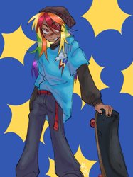 Size: 1311x1750 | Tagged: safe, artist:battiegutz, rainbow dash, human, g4, beanie, belt, blushing, clothes, colored eyebrows, cutie mark on clothes, eye clipping through hair, eyebrows, eyebrows visible through hair, female, hat, holding, humanized, long hair, long sleeves, looking away, messy hair, multicolored hair, oversized clothes, oversized shirt, painted nails, pants, patterned background, pink eyes, rainbow hair, shirt, skateboard, smiling, solo, tan skin