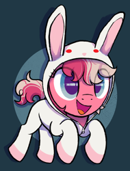 Size: 2334x3075 | Tagged: safe, artist:catachromatic, honey (g2), earth pony, pony, g2, g4, abstract background, animal costume, bunny costume, circle background, clothes, costume, eye clipping through hair, female, g2 to g4, generation leap, hood, mare, onesie, open mouth, open smile, smiling, solo, zipper