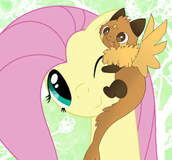 Size: 662x616 | Tagged: safe, artist:kennikitty, artist:latiken, fluttershy, oc, oc:vivi, pegasus, pony, g4, collaboration, duo, facehug, female, gift art, mare, non-mlp oc, one eye closed, size difference, smiling