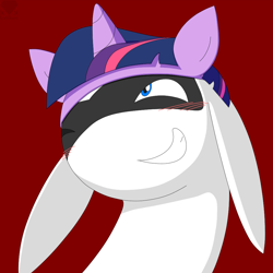 Size: 1000x1000 | Tagged: safe, artist:latiken, twilight sparkle, oc, oc:latiken, g4, blush lines, blushing, bust, fakemon, grin, hat, horn, icon, looking up, one eye closed, pokémon, portrait, red background, simple background, smiling, solo