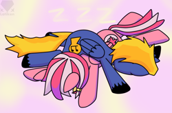 Size: 800x525 | Tagged: safe, artist:latiken, oc, oc only, oc:blues brass, oc:candy star, pegasus, pony, 2013, bow, duo, duo male and female, female, folded wings, hair bow, lazy, lying down, male, mare, oc x oc, onomatopoeia, pegasus oc, prone, shipping, signature, sleeping, sound effects, stallion, tail, wings, zzz