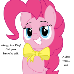 Size: 2000x2000 | Tagged: safe, artist:latiken, pinkie pie, earth pony, pony, g4, dialogue, female, gift art, grin, implied oc, lidded eyes, looking at you, mare, ribbon, simple background, smiling, smiling at you, solo, talking to viewer, transparent background
