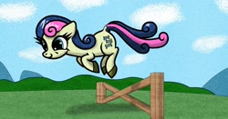 Size: 2040x1065 | Tagged: safe, artist:scandianon, bon bon, sweetie drops, earth pony, g4, adorabon, cloud, cute, ears back, female, fence, jumping, mare, outdoors, running, smiling, solo