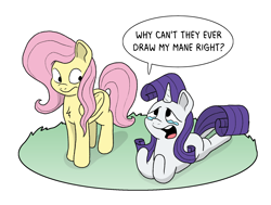 Size: 1694x1280 | Tagged: safe, artist:doodledonutart, fluttershy, rarity, pegasus, pony, unicorn, g4, crying, dialogue, duo, female, fourth wall, horn, lying down, mare, marshmelodrama, prone, rarity being rarity, simple background, speech bubble, sploot, teary eyes, white background