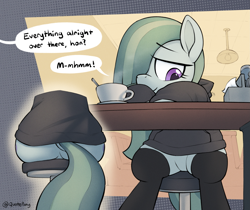 Size: 2981x2506 | Tagged: safe, alternate version, artist:quotepony, marble pie, earth pony, pony, g4, behind, butt, clothes, cup, dialogue, diner, featureless crotch, halftone, hoodie, marblebutt, mm-hmm, napkin holder, plot, sitting, socks, solo, speech bubble, spoon, steam, thigh highs
