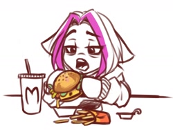 Size: 1600x1200 | Tagged: safe, artist:falafeljake, oc, oc only, oc:lazzy butt, pony, burger, depressed, drink, eating, exhausted, food, french fries, hamburger, mcdonald's, solo