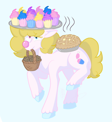 Size: 2024x2223 | Tagged: safe, artist:laughingfranki, oc, oc only, pony, art, basket, blue background, clown, cyan background, food, mouth hold, muffin, pie, simple background, solo