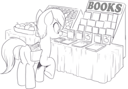 Size: 1133x793 | Tagged: safe, artist:nauyaco, pony, unicorn, bag, book, butt, corn, food, fruit, horn, monochrome, plot, saddle bag, solo