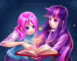 Size: 800x631 | Tagged: safe, artist:canarycharm, twilight sparkle, oc, human, unicorn, g4, book, horn, humanized